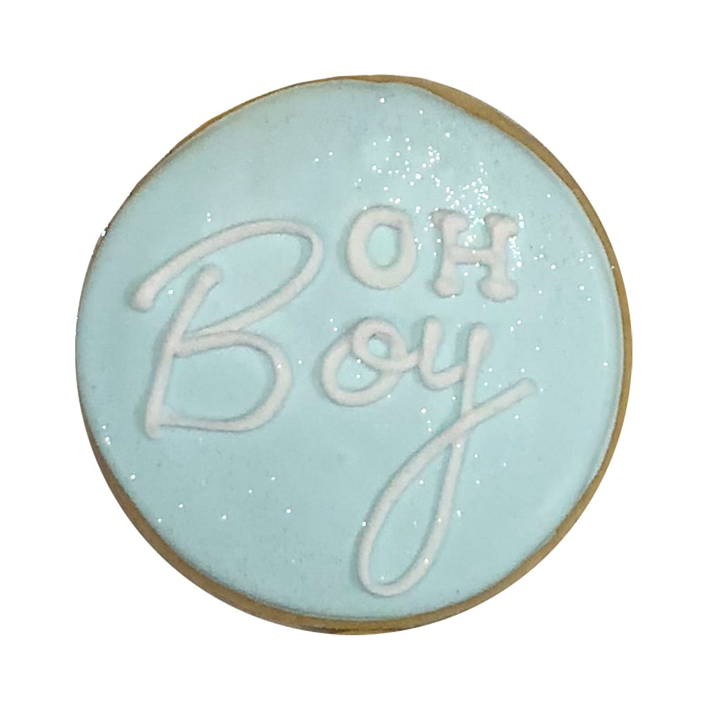 Oh Boy! round cookie with light blue icing and white lettering.
