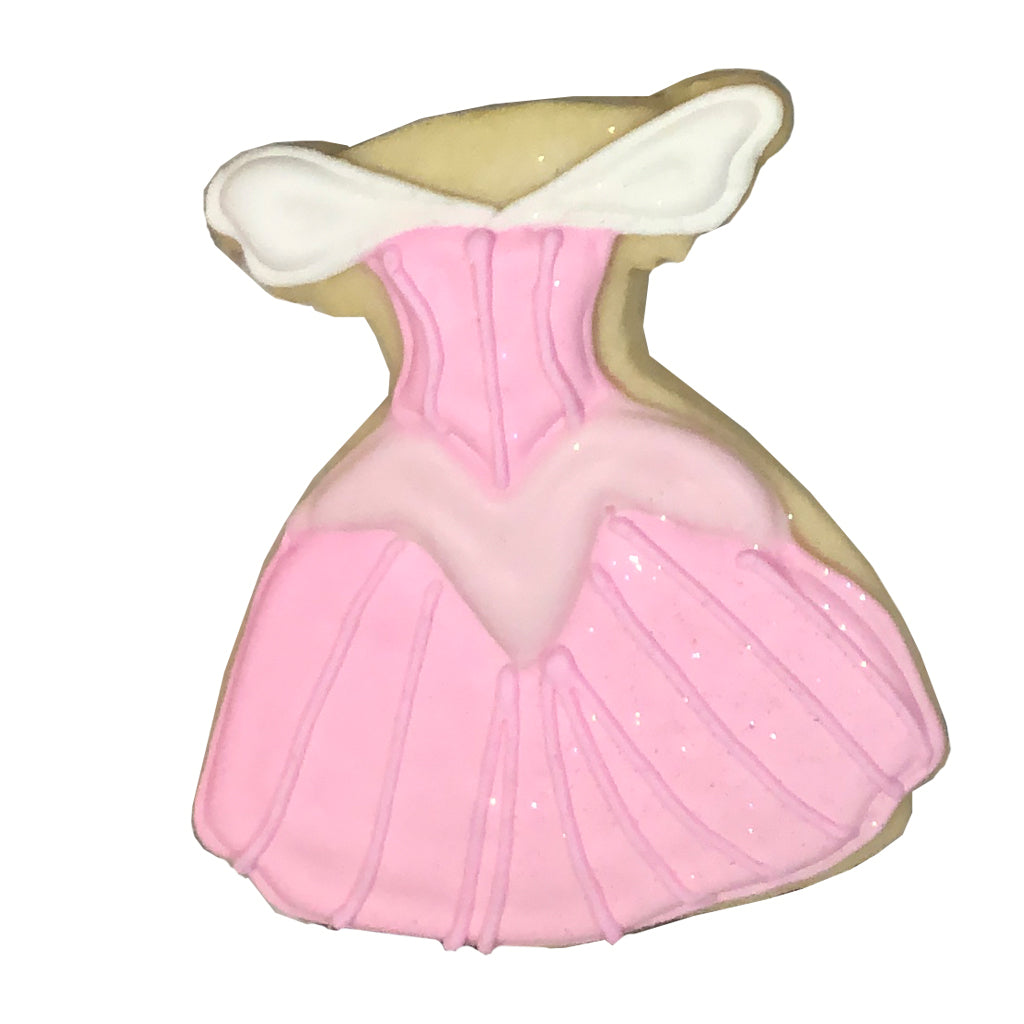 Princess gown cookie decorated with pink icing and white trim.