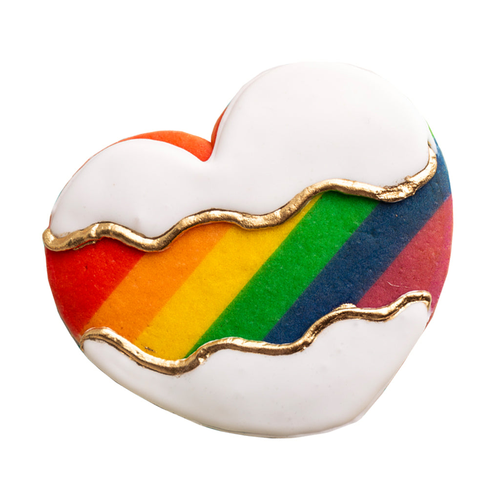 Heart Full of Rainbows cookie with white icing and gold trim.