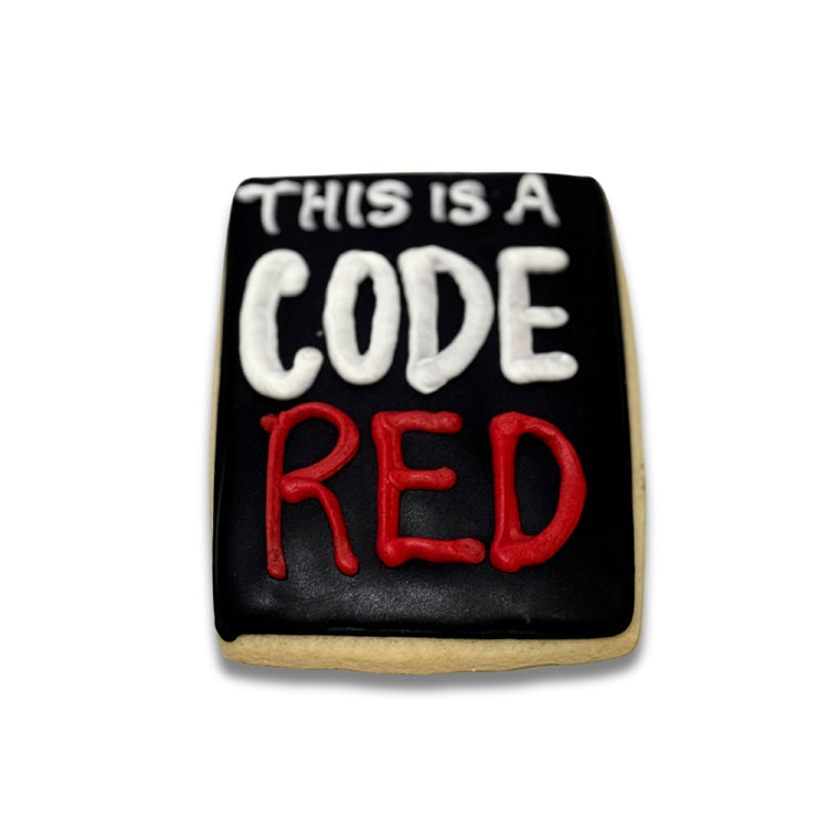 Stranger Cookie with black icing and Code Red text.