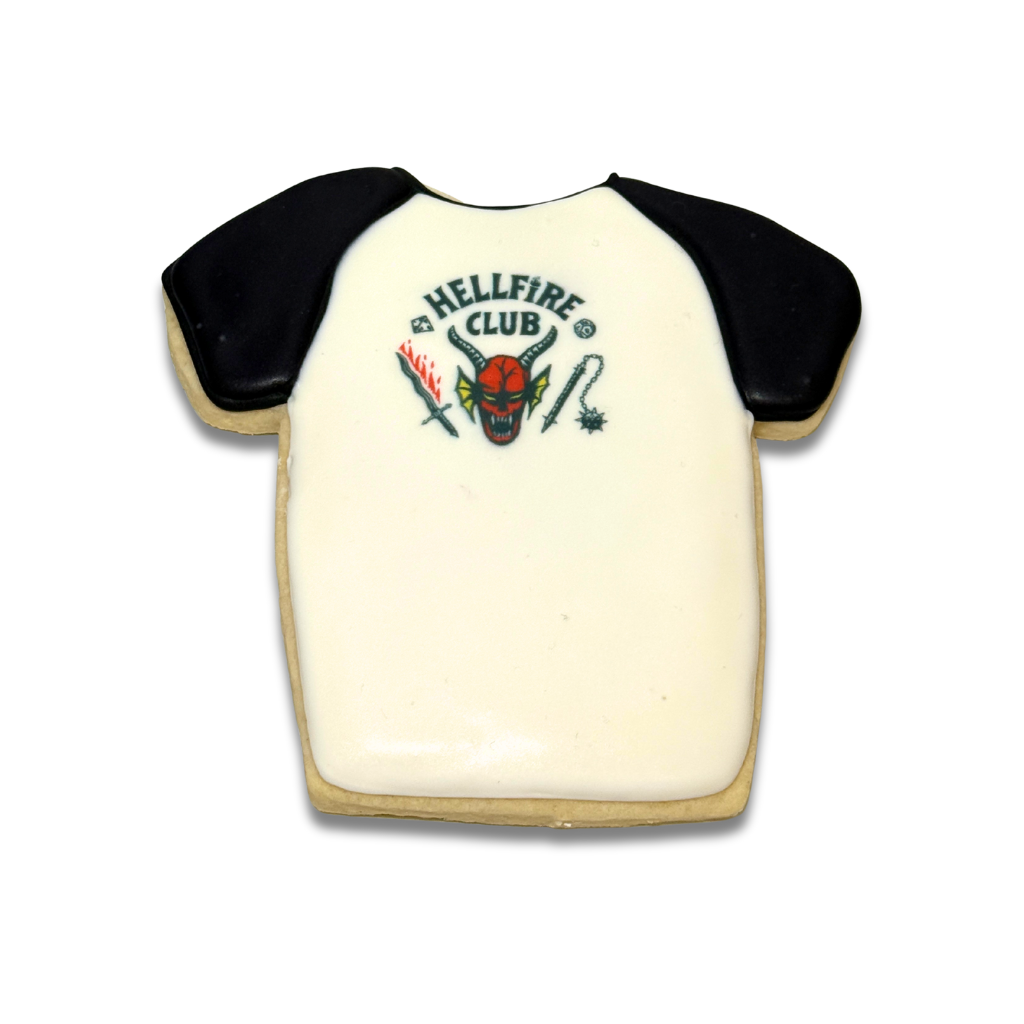 Stranger Cookies shaped like a Hellfire Club baseball tee.
