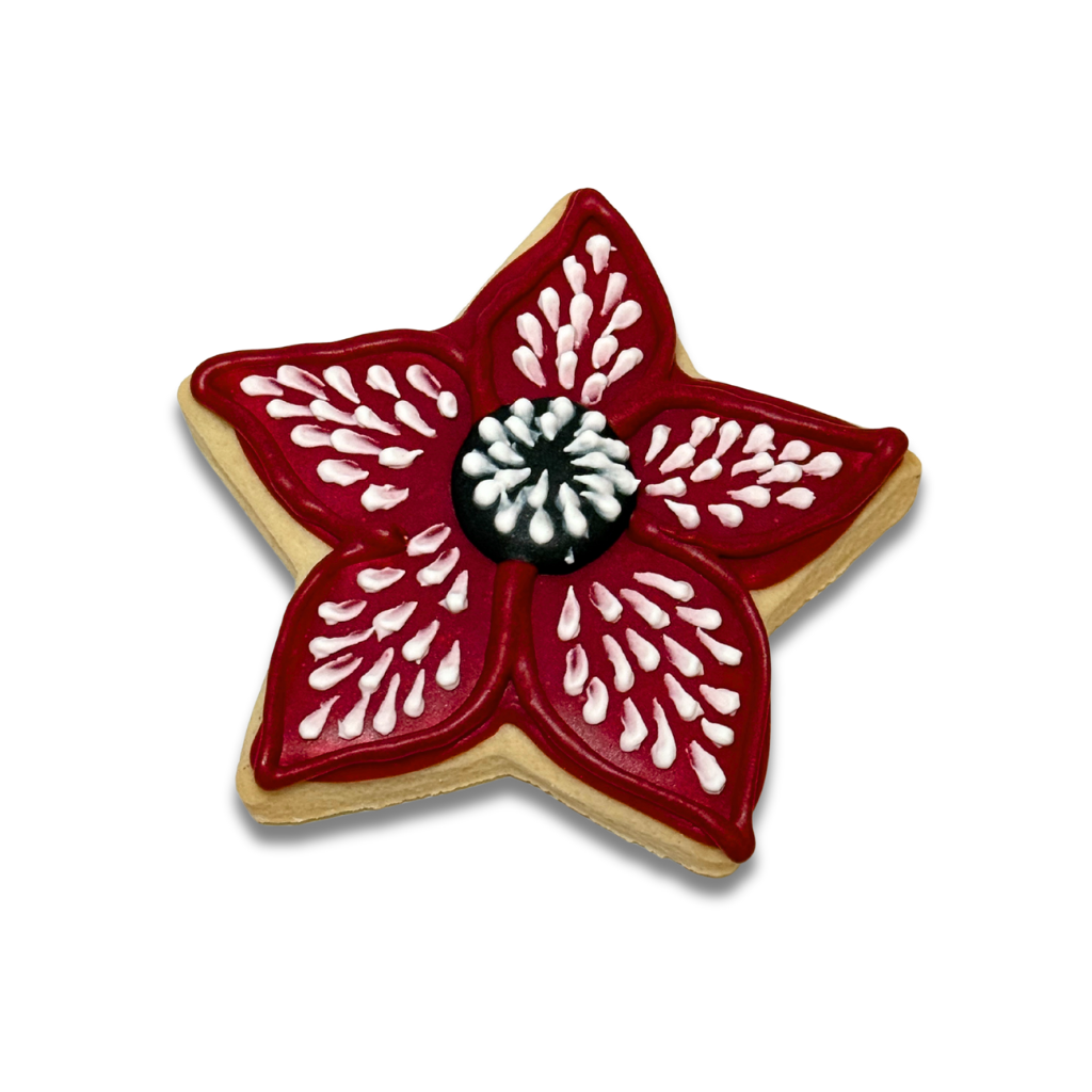 Stranger Cookies shaped like a red and white flower.