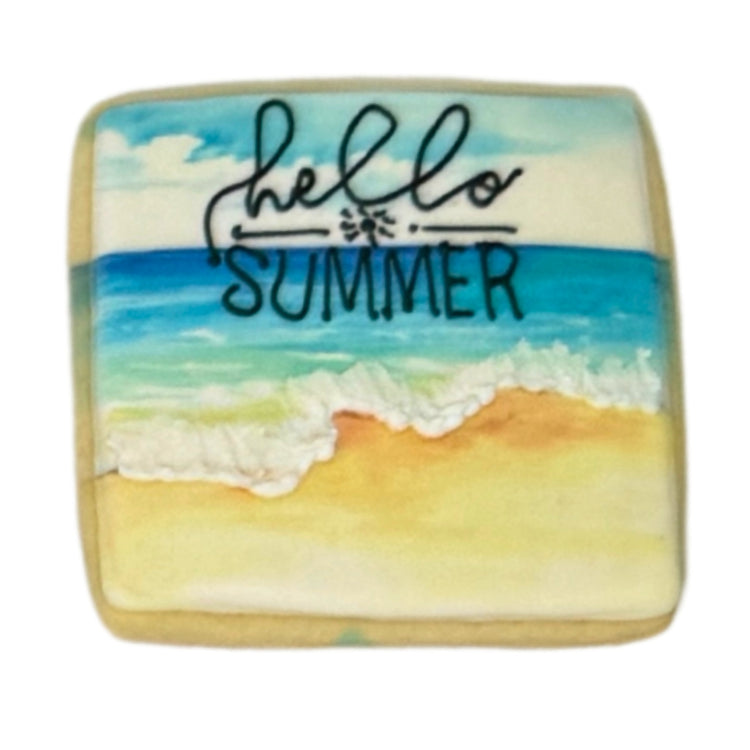 Square Summer cookie with a beach scene and Hello Summer text.