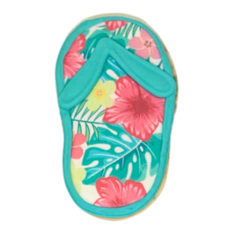 Summer cookie shaped like a flip-flop with floral icing.