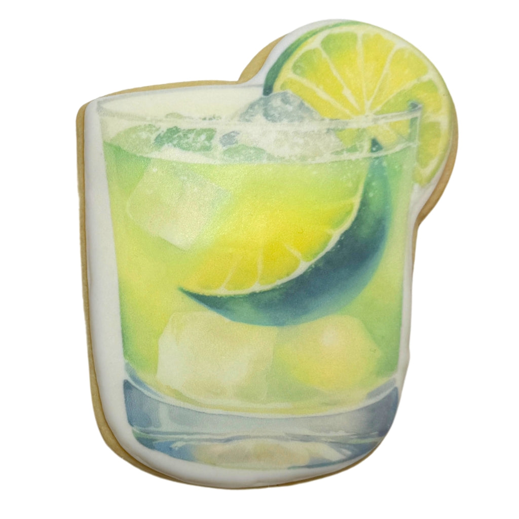 Summer Cookie shaped like a lime cocktail with ice cubes