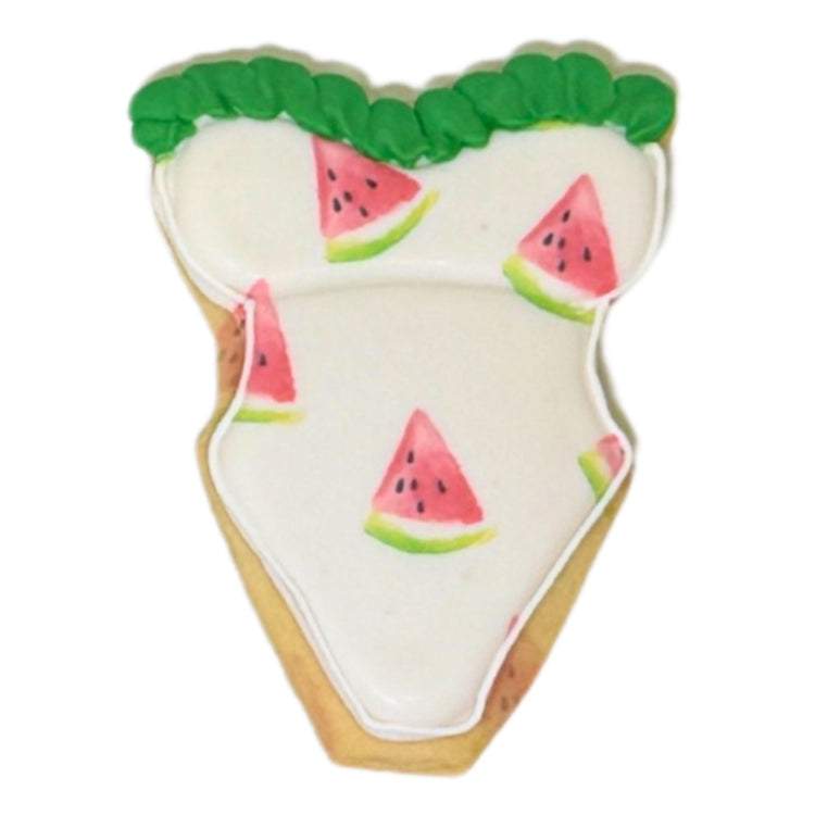 Summer Cookies shaped like a swimsuit with watermelon print.