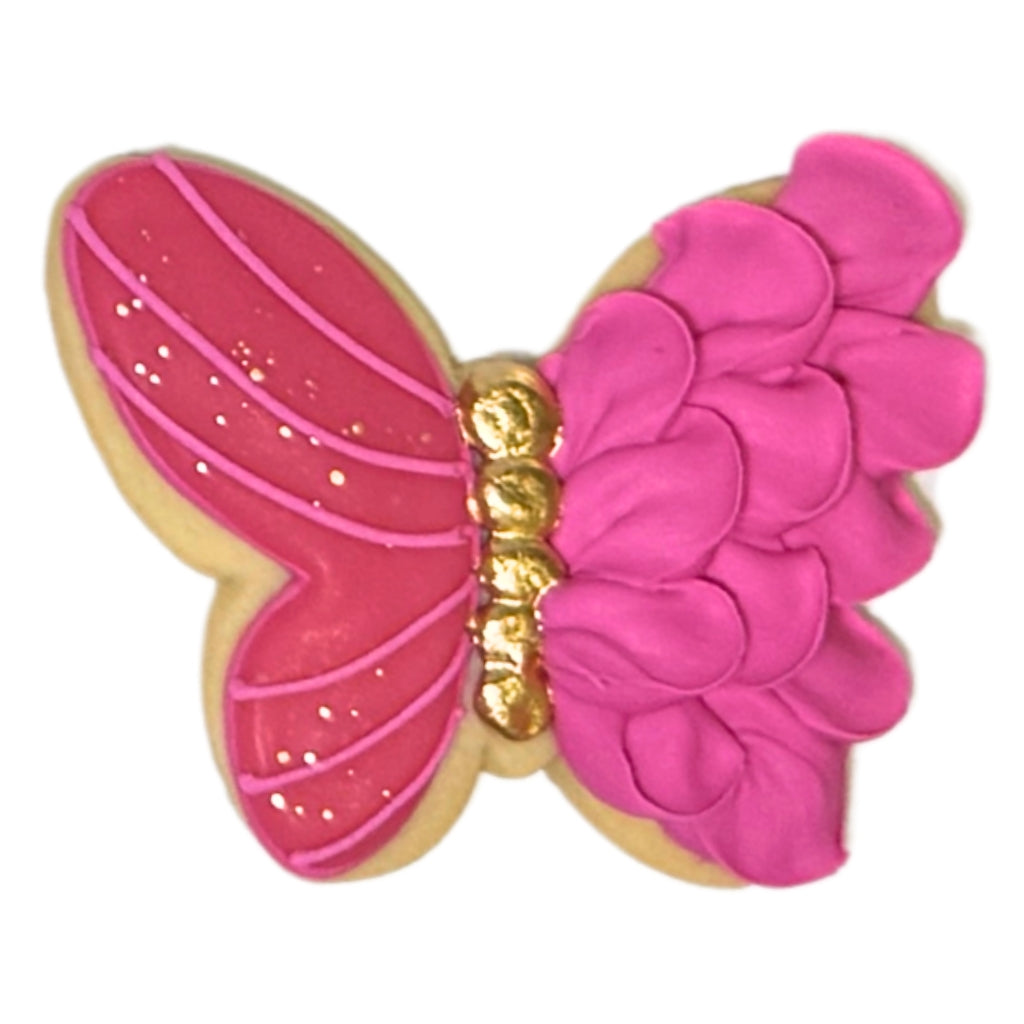 Summer butterfly cookie with pink icing and gold accents
