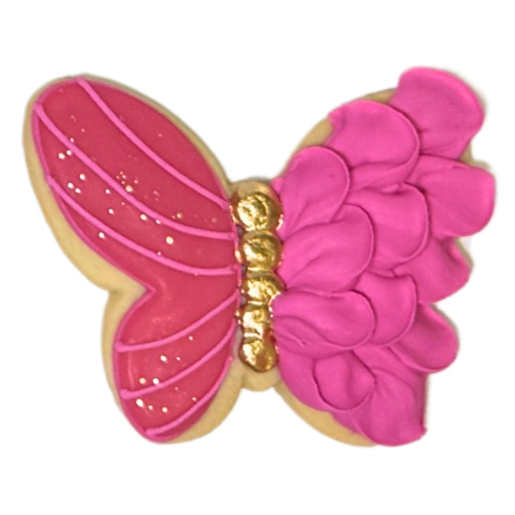 Summer butterfly cookie with pink icing and gold accents