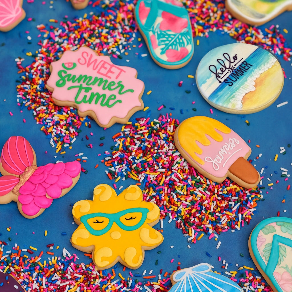 Assorted summer cookies decorated with colorful icing on sprinkles.