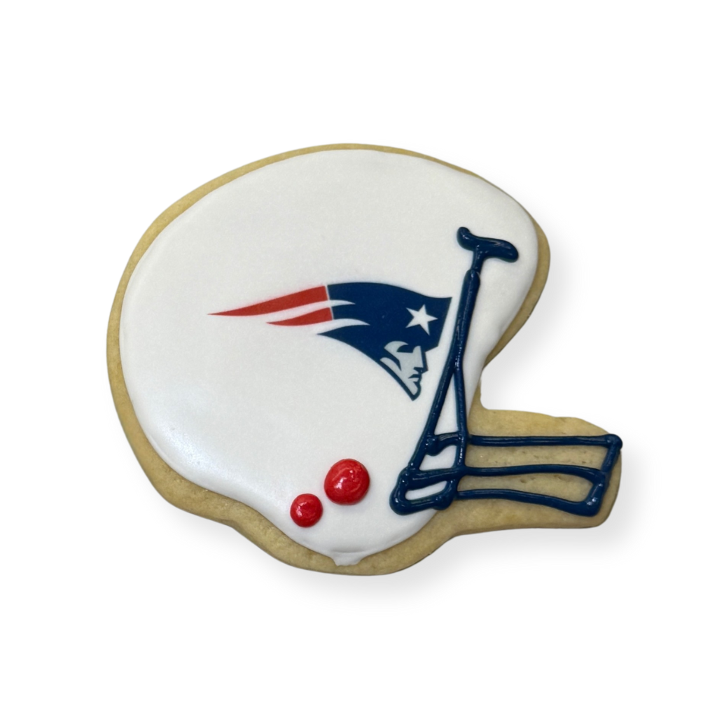 Superbowl Sunday 2026 butter cookie shaped like a football helmet.
