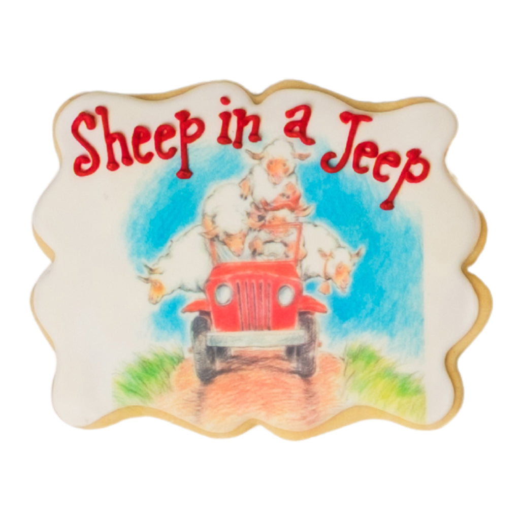 National Reading Month cookie featuring Sheep in a Jeep design.
