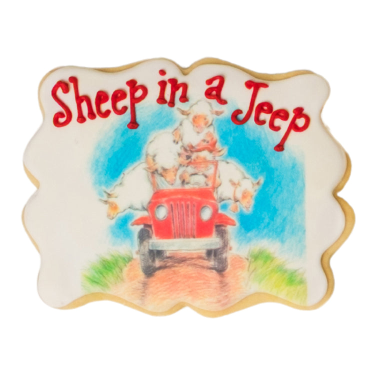 National Reading Month cookie featuring Sheep in a Jeep design.