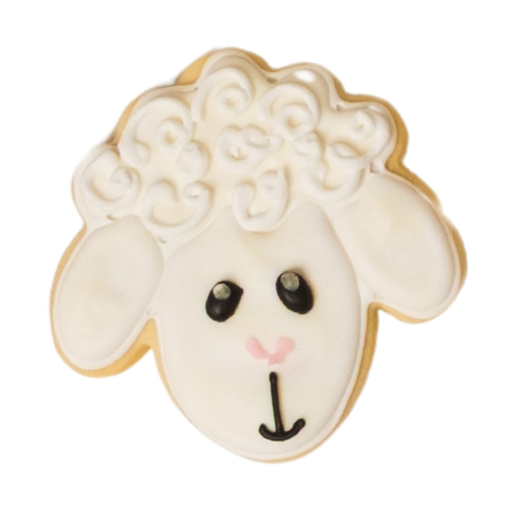 National Reading Month sheep-shaped cookie with white icing.