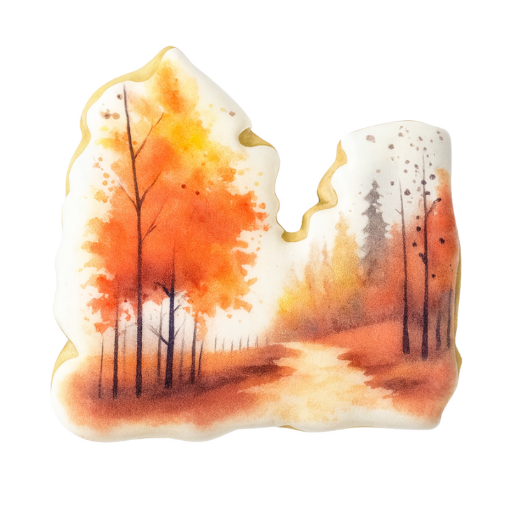 Thanksgiving cookie with a watercolor autumn forest scene.
