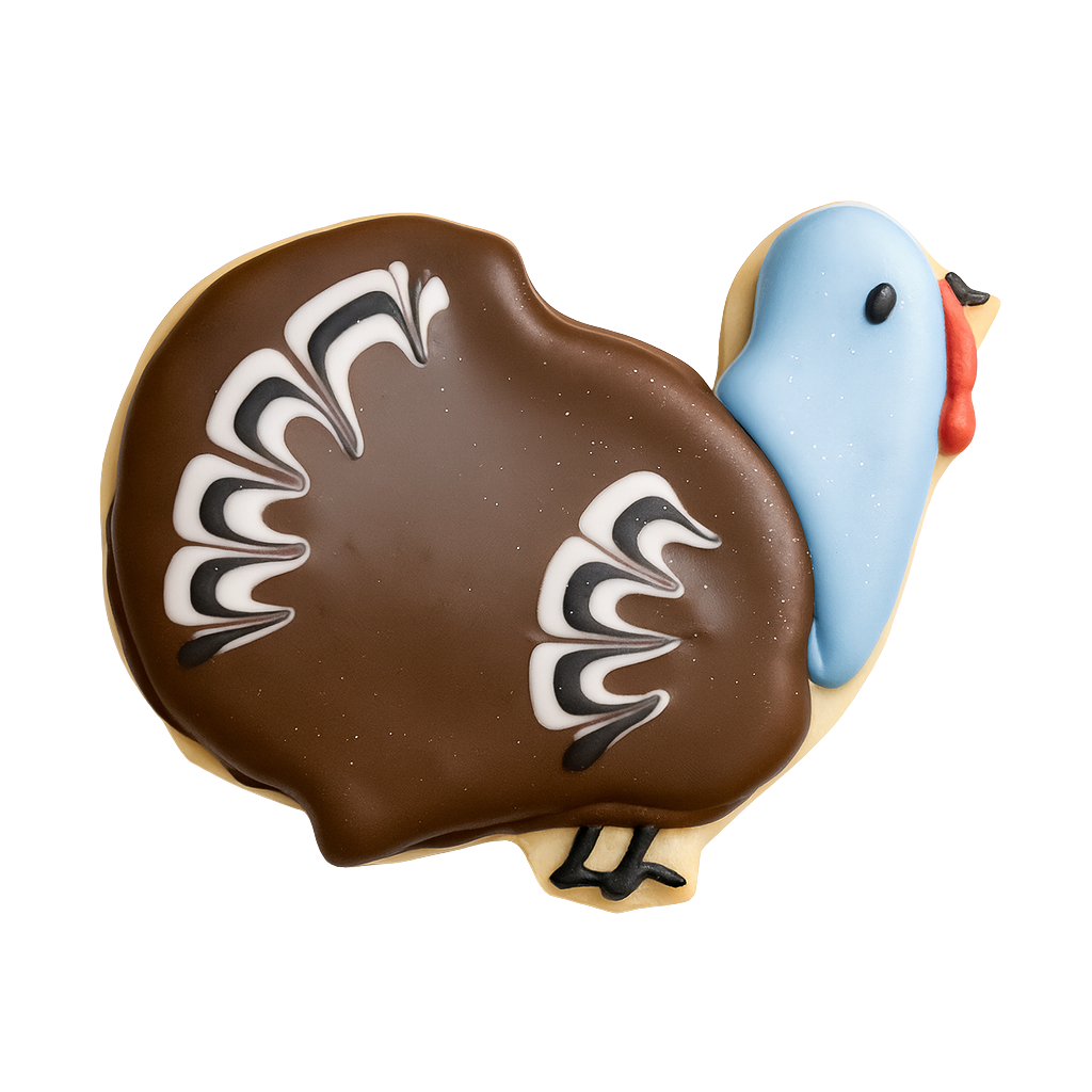 Turkey-shaped Thanksgiving cookie with brown and blue icing.