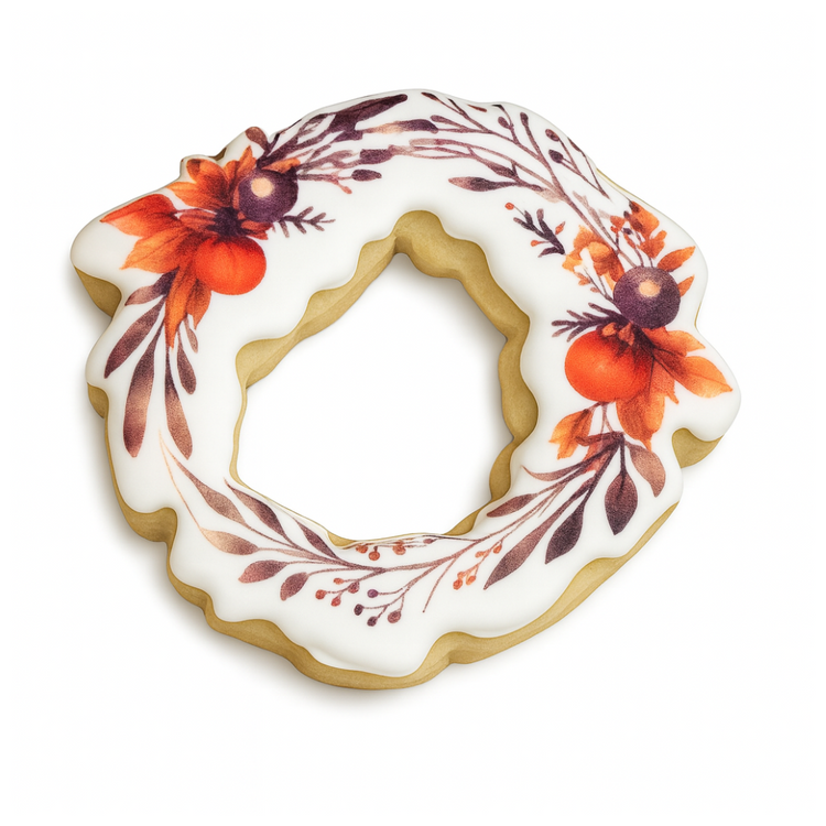 Thanksgiving cookie shaped like a wreath with floral icing.