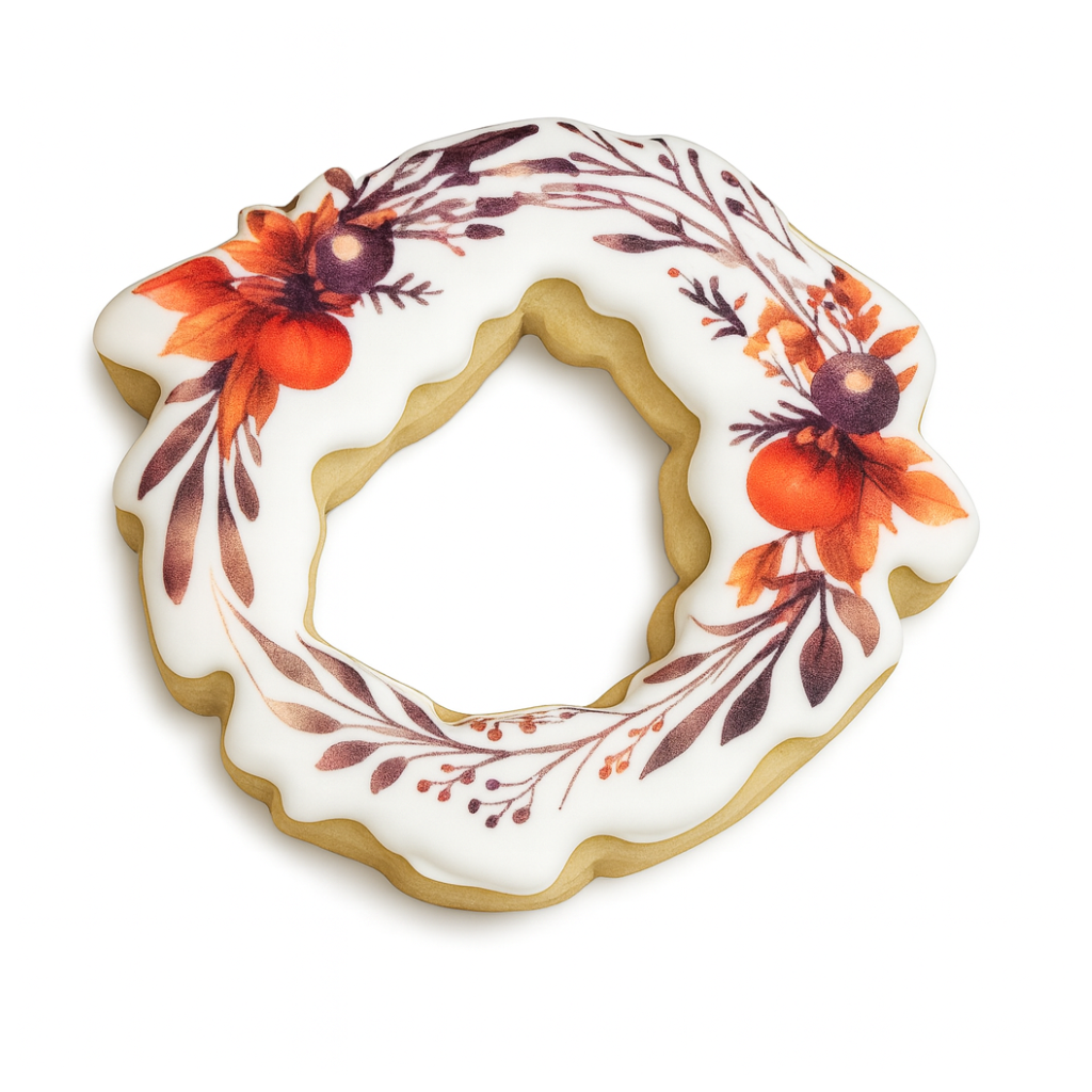 Thanksgiving cookie shaped like a wreath with floral icing.