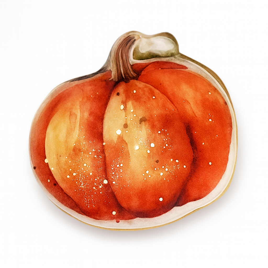 Thanksgiving pumpkin cookie with watercolor orange icing.