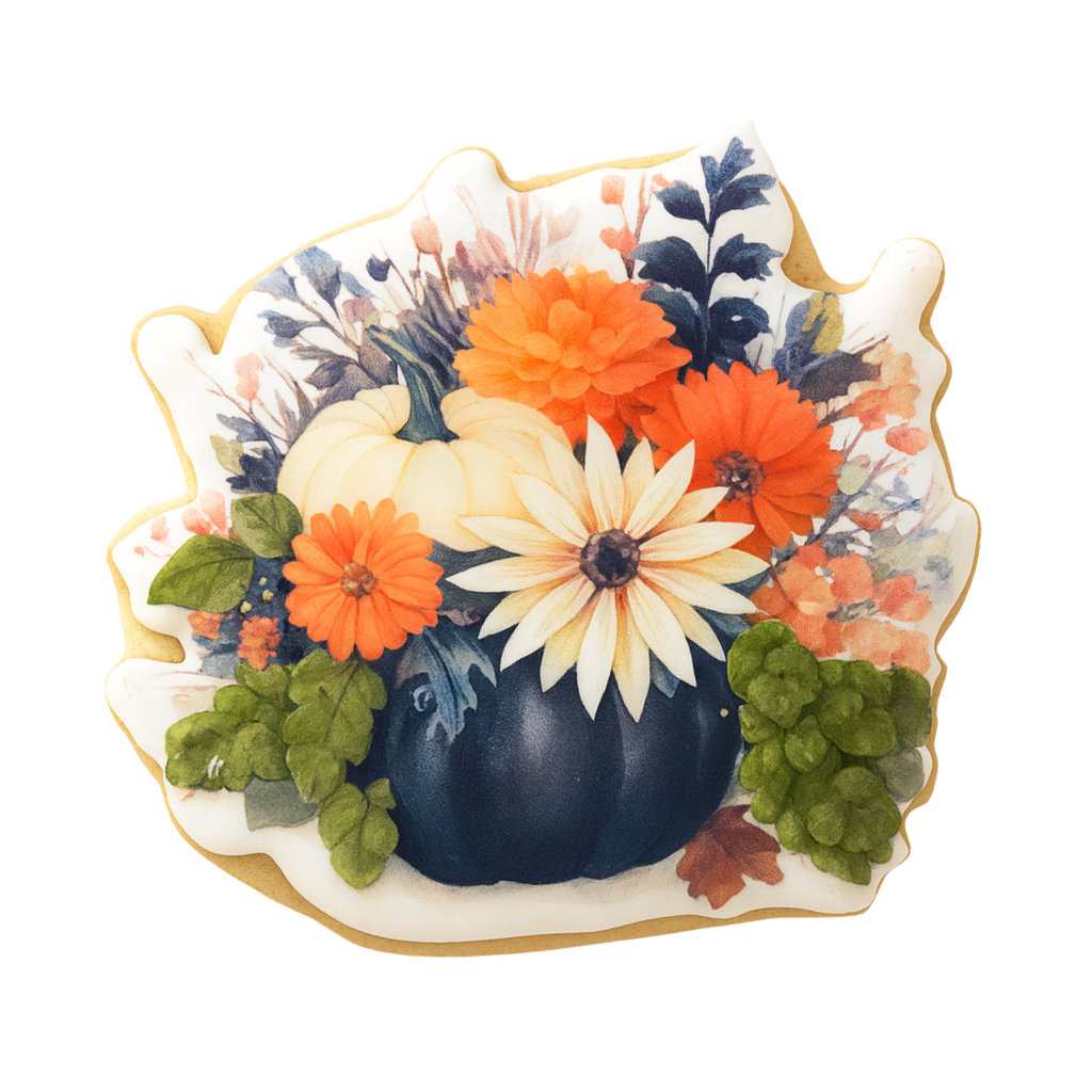 Thanksgiving cookie decorated with a floral pumpkin bouquet.