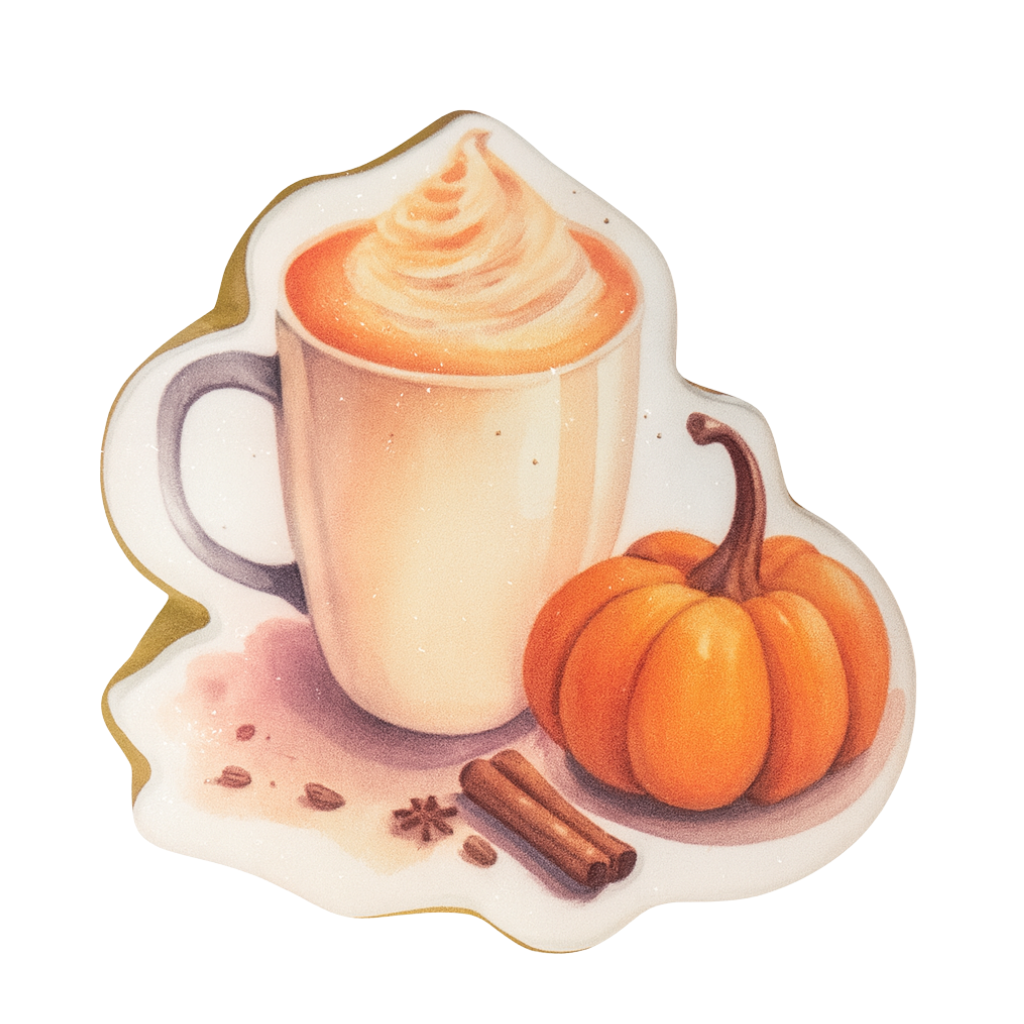 Thanksgiving cookie shaped like a latte, pumpkin, and cinnamon.