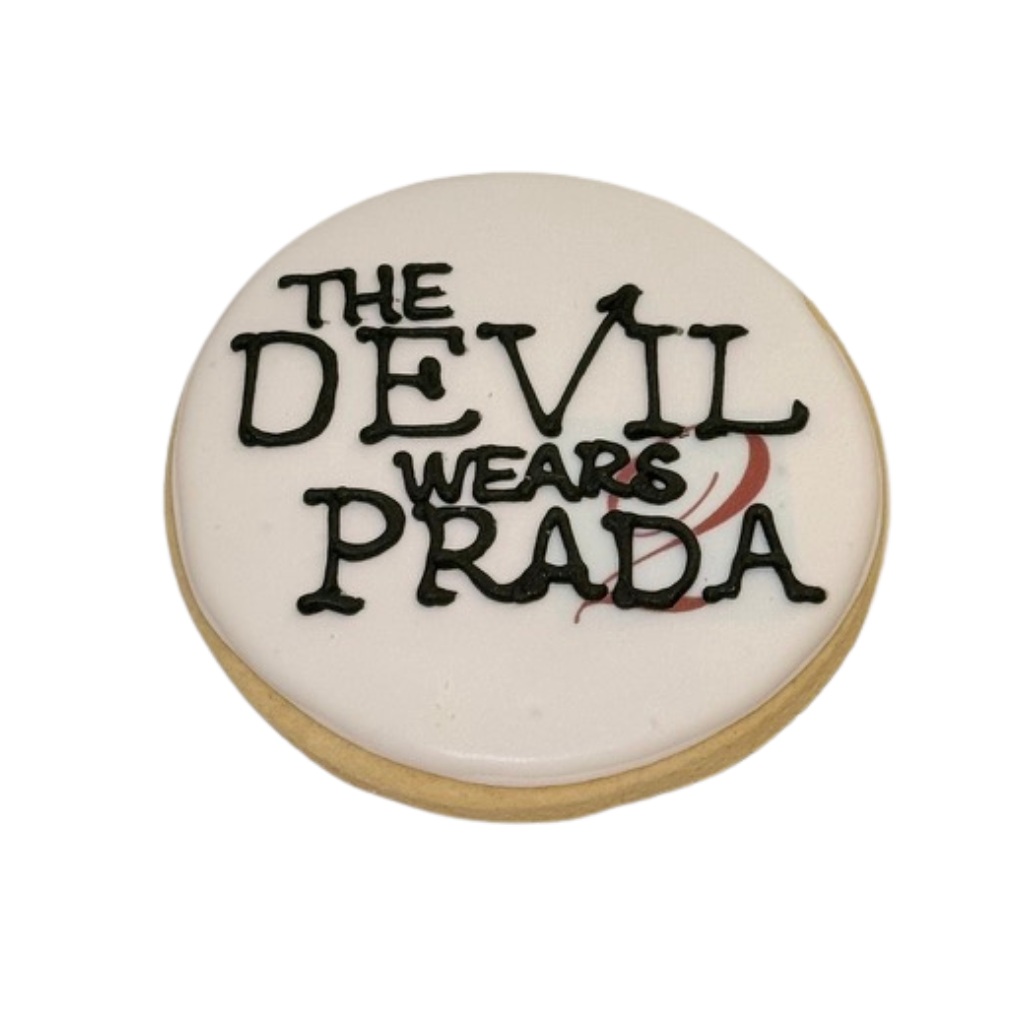 Round sugar cookie with The Devil Wears Prada icing.