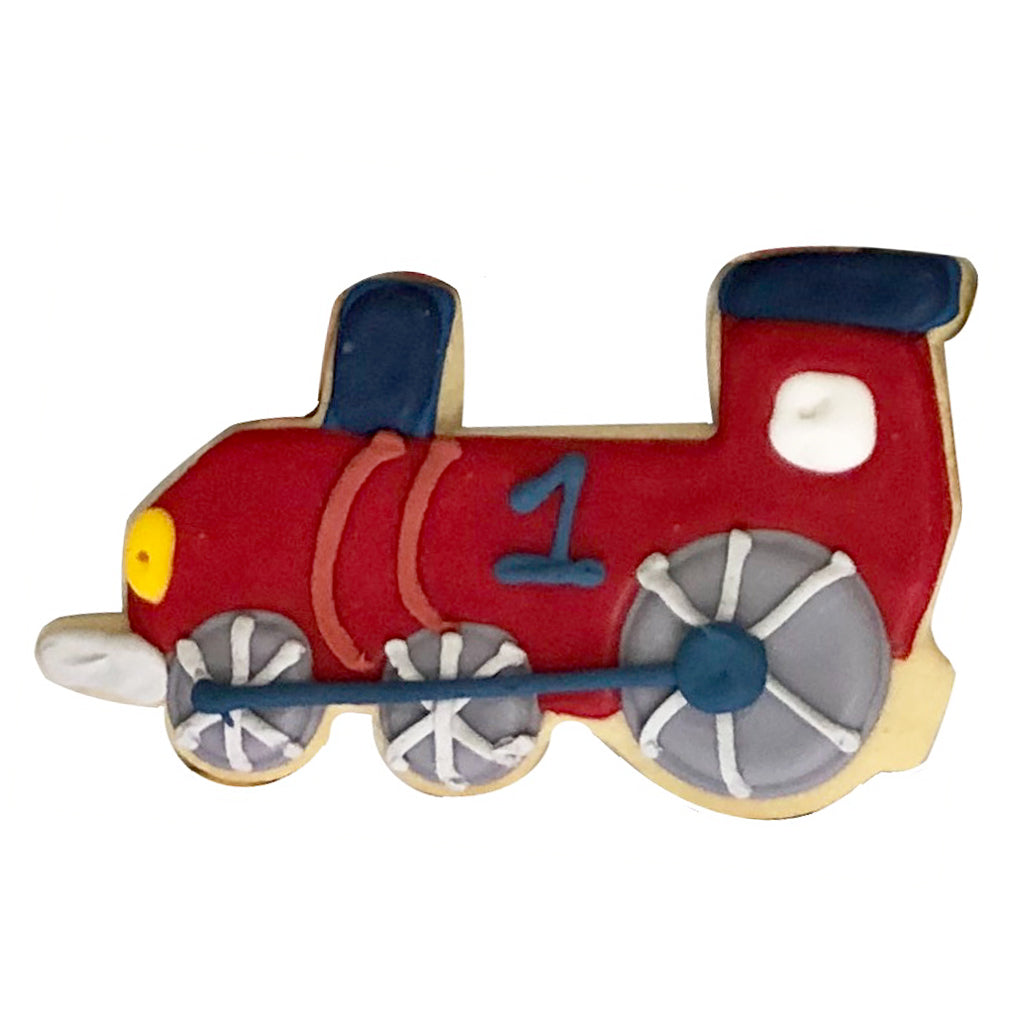 Red train theme cookie decorated with a blue number 1.