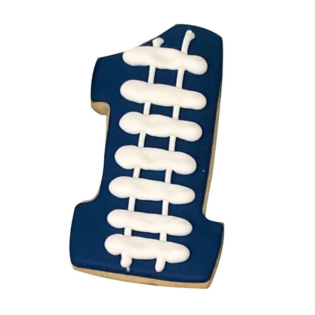 Number 1 train theme cookie with blue and white icing