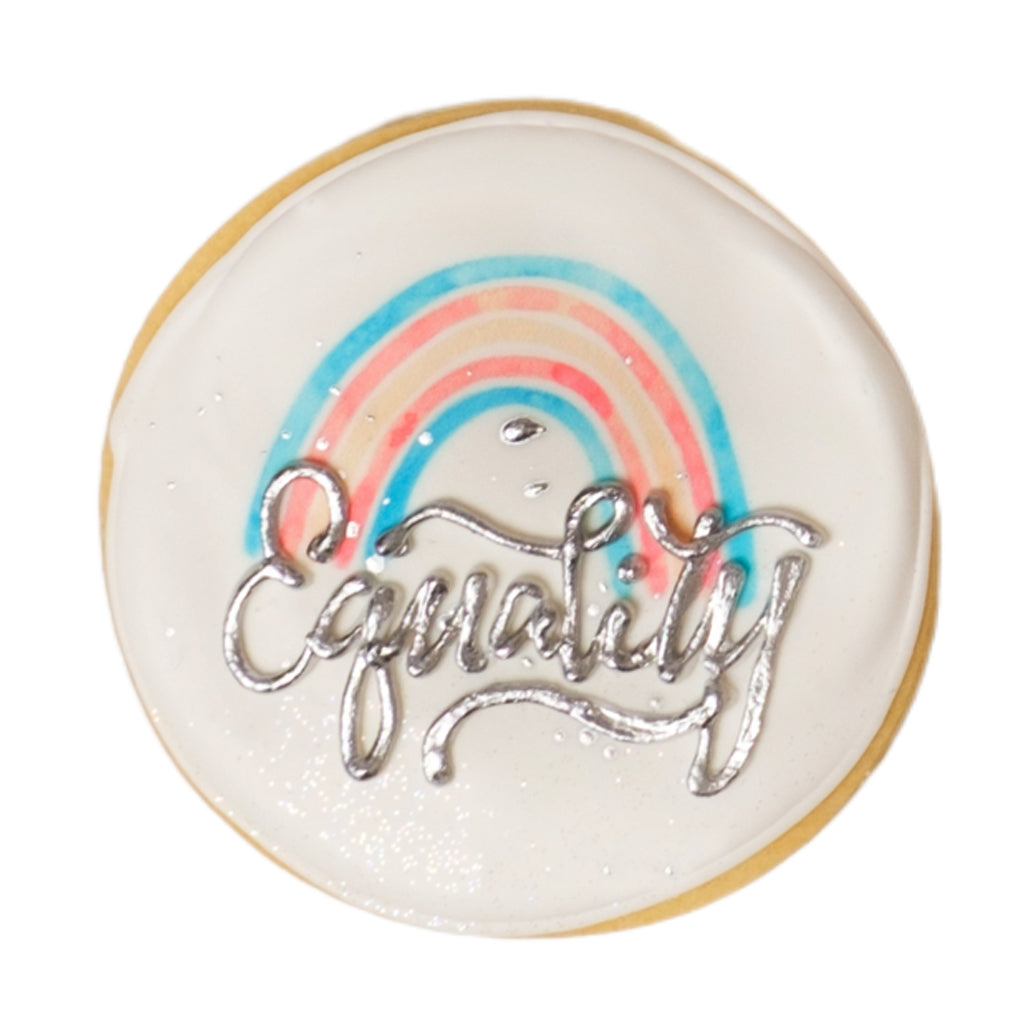 Trans Day of Visibility cookie with a rainbow and silver Equality text.