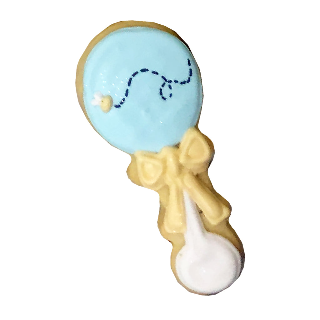 Winnie Rattle cookie with blue icing and yellow bow detail.