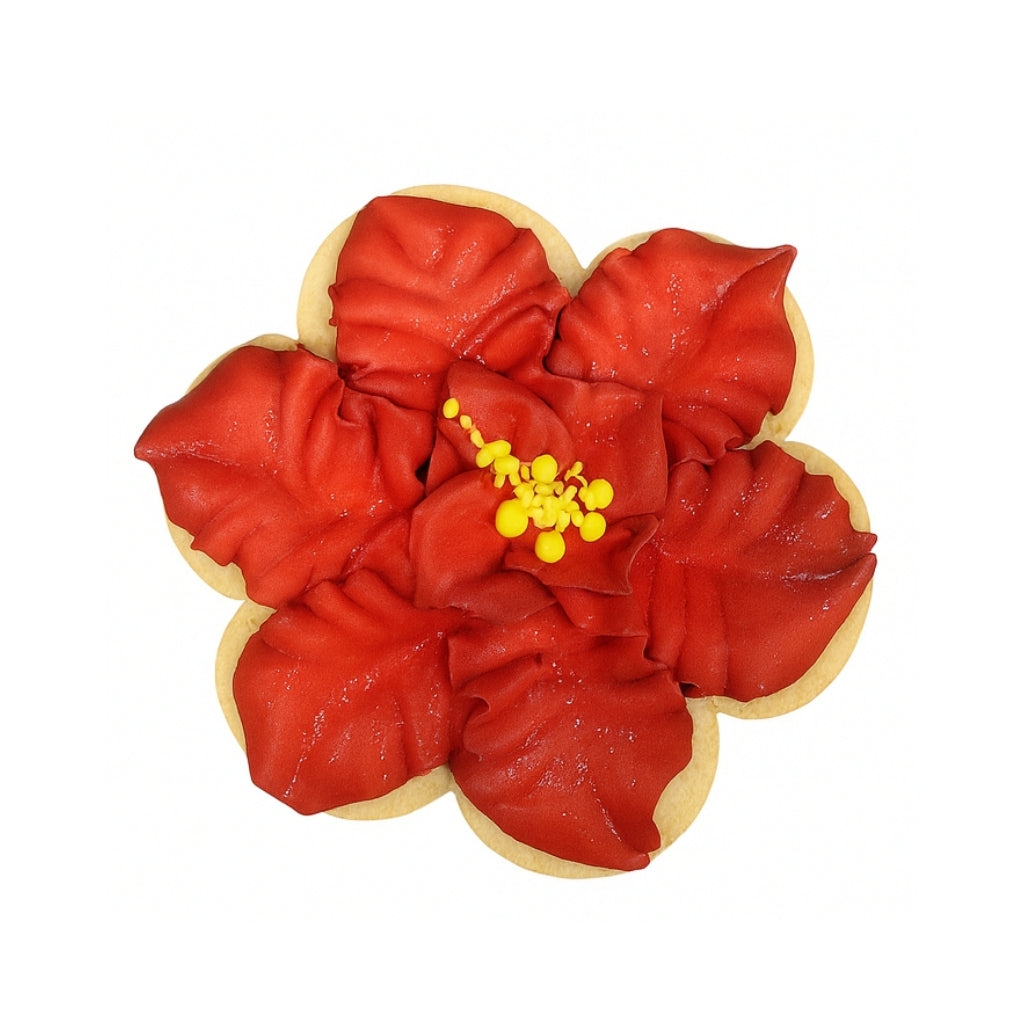 Red hibiscus flower-shaped sugar cookie with yellow center.