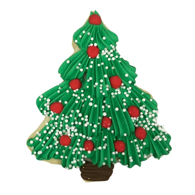 Christmas tree cookie with green frosting and red ornaments.