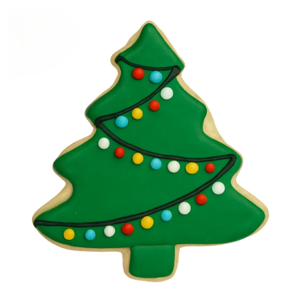 Christmas tree cookie decorated with colorful icing lights.