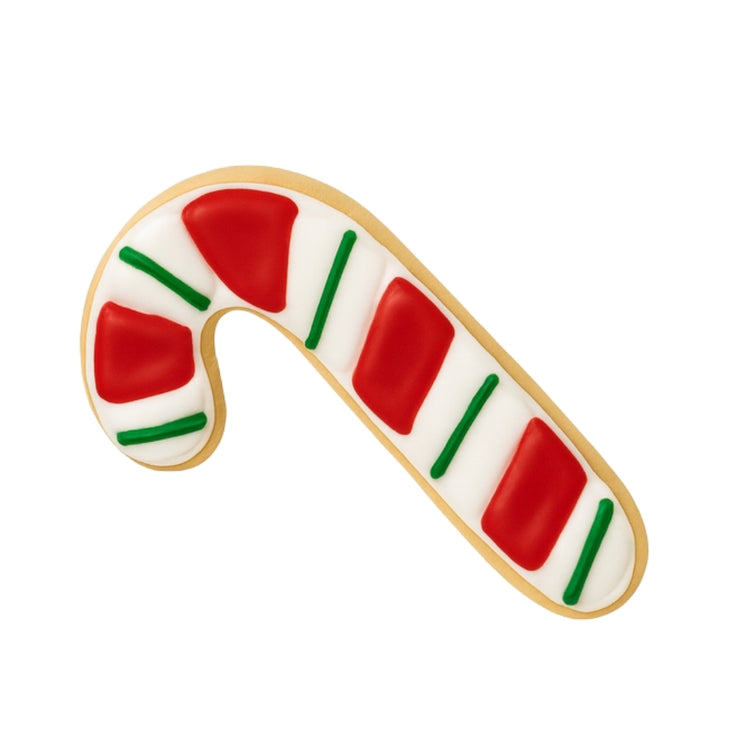 Christmas character candy cane cookie with red and green icing