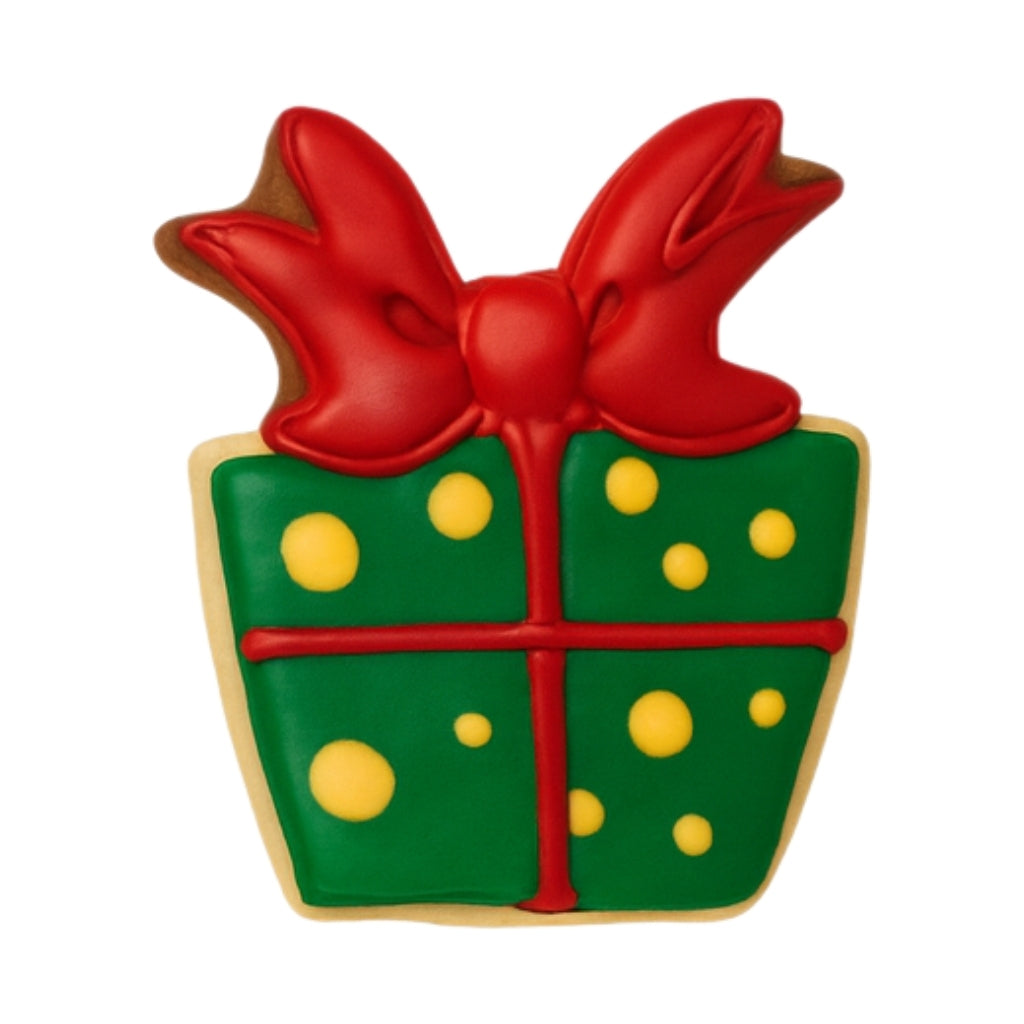 Christmas Characters gift-shaped cookie with red bow