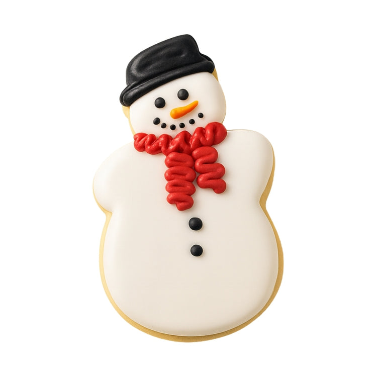 Snowman Christmas character cookie with a red scarf and black hat.
