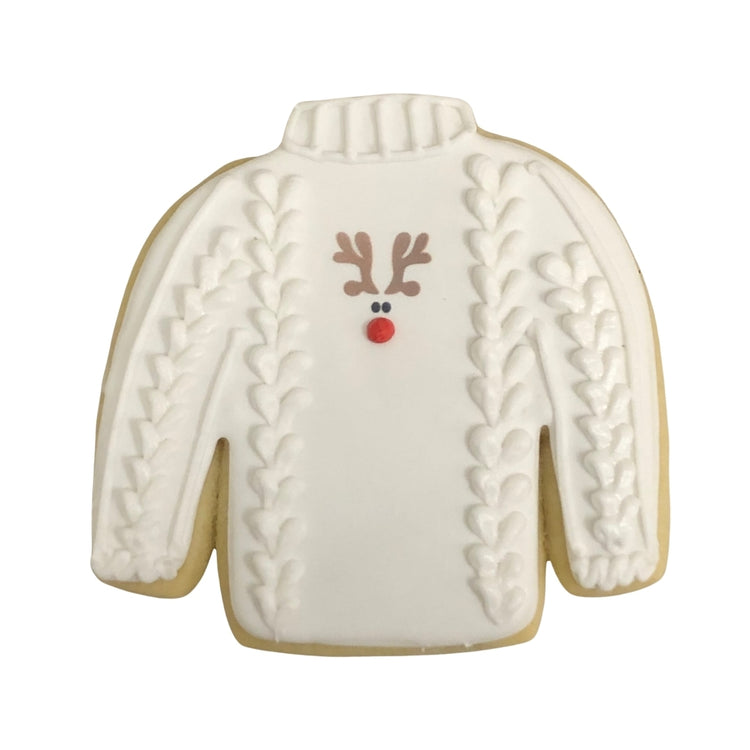 Christmas Couture sweater cookie with reindeer icing.