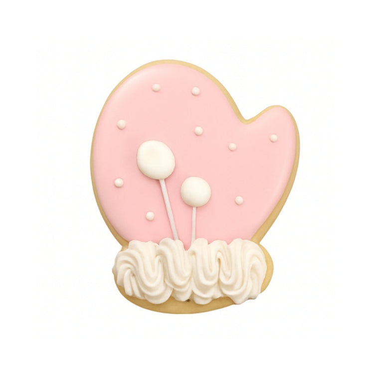 Christmas Couture mitten cookie with pink icing and white trim