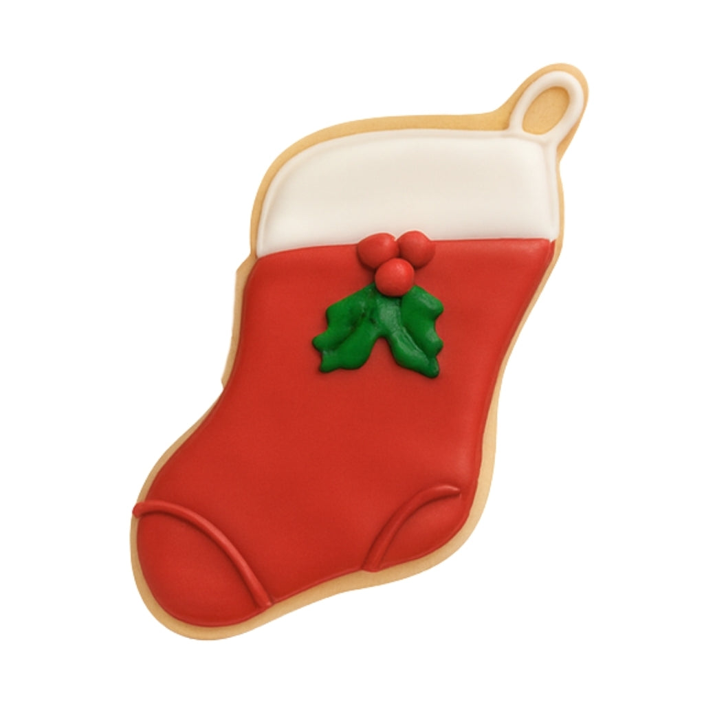 Christmas Couture stocking cookie with holly decoration