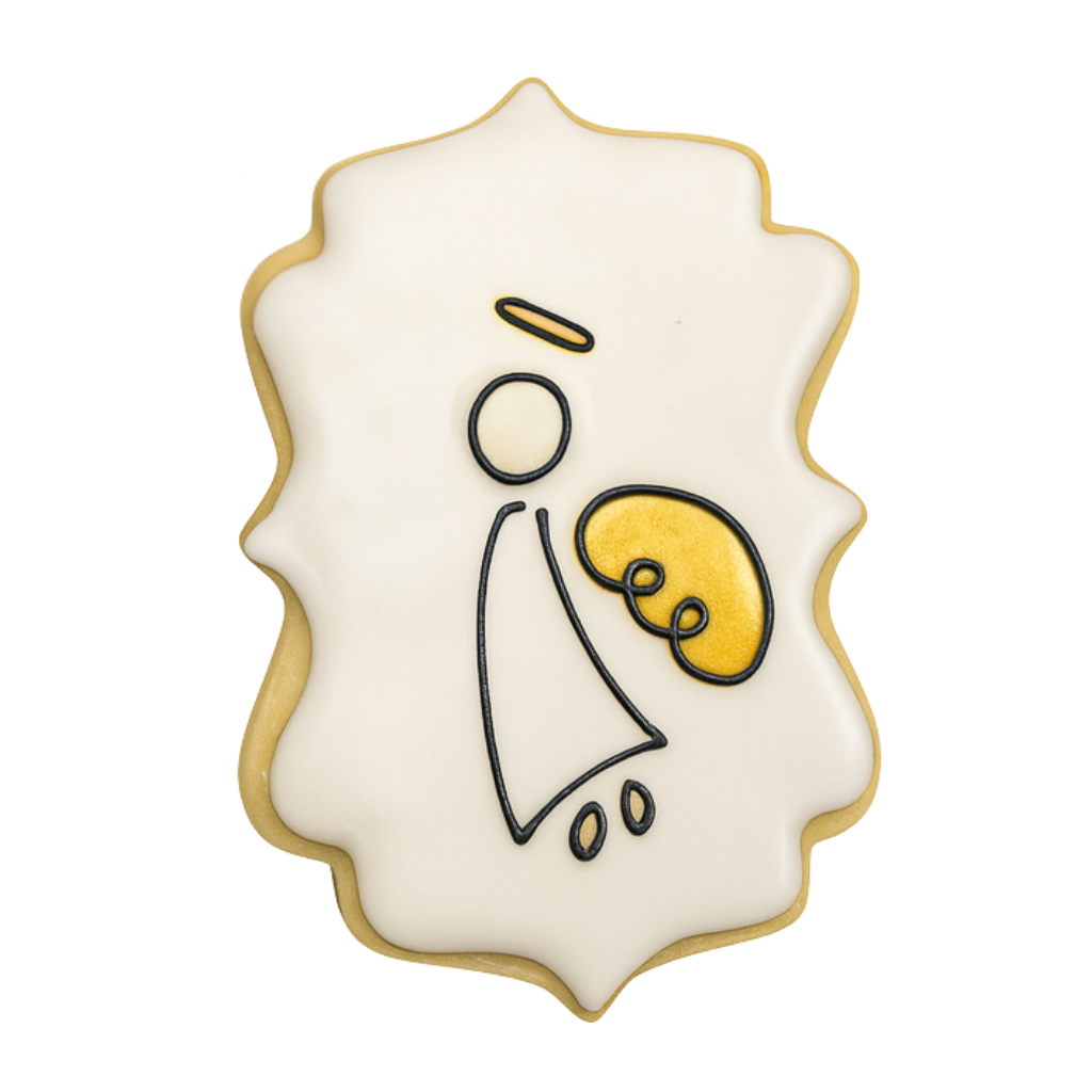 Christmas character cookie shaped as an angel with gold icing.