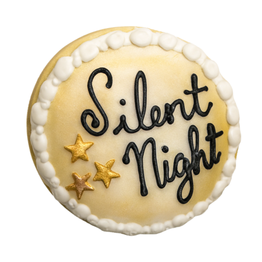 Holiday Greetings cookie with Silent Night text and gold stars.