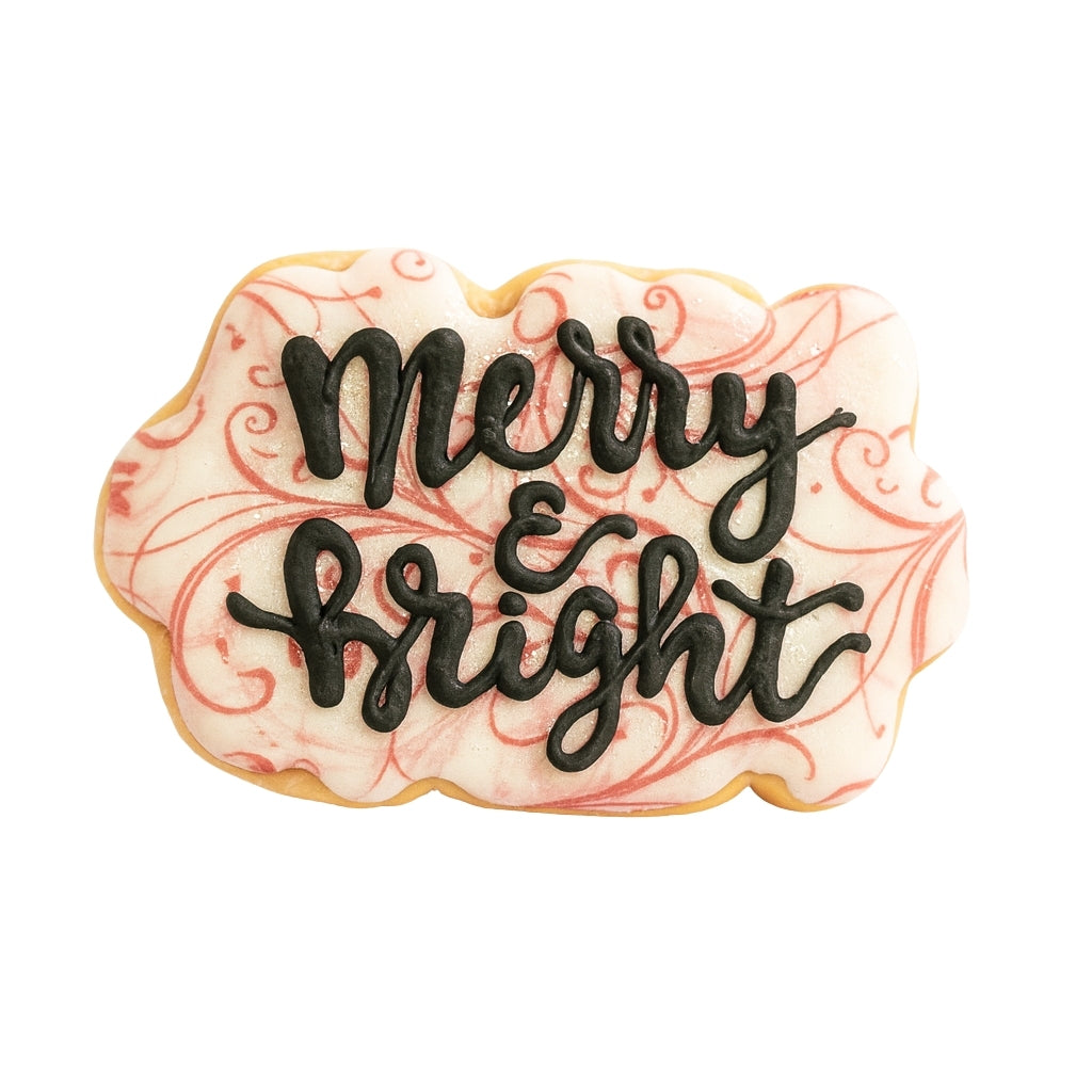 Holiday Greetings cookie with black Merry and Bright icing