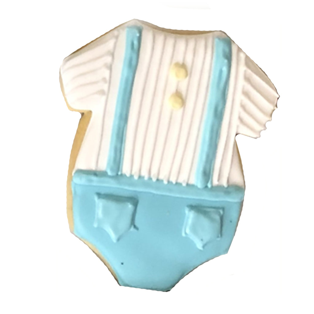 Boy onesie cookie decorated with blue and white icing.