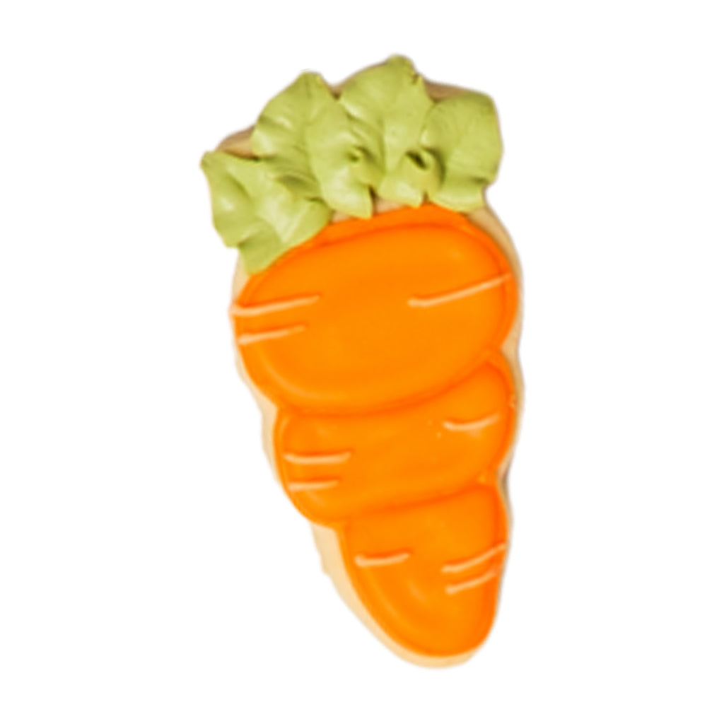 Easter butter cookie shaped like a carrot with orange icing.