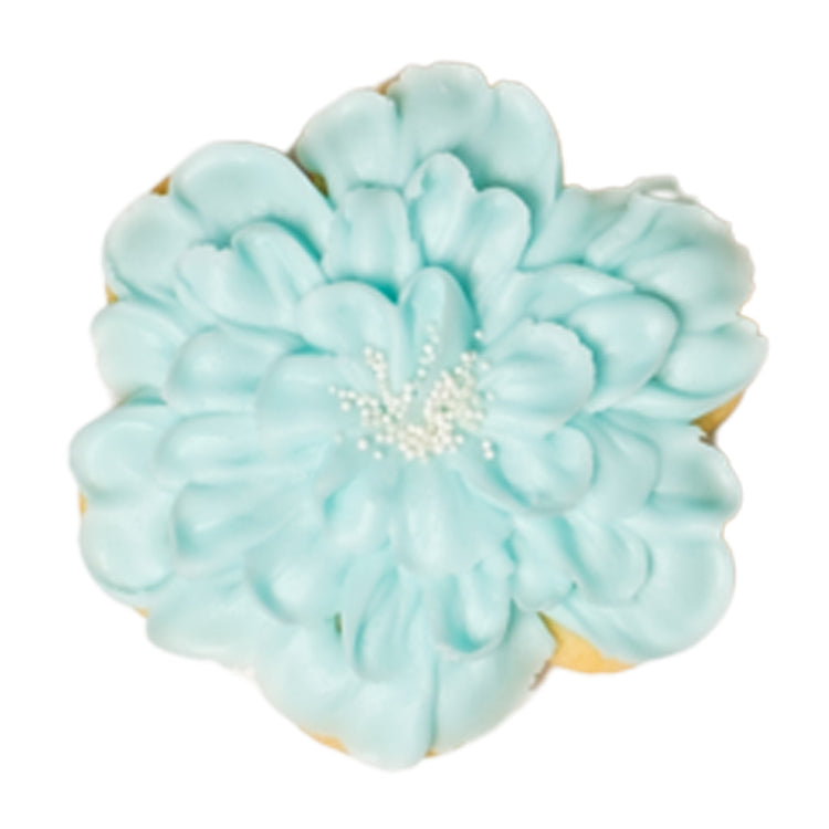 Easter butter cookie shaped like a light blue flower.