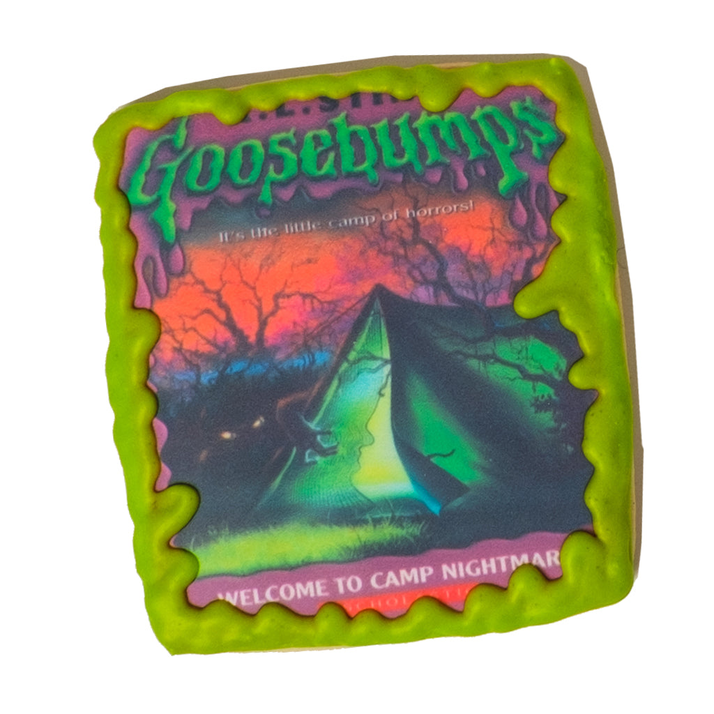 Goosebumps book cover cookie with green slime icing border