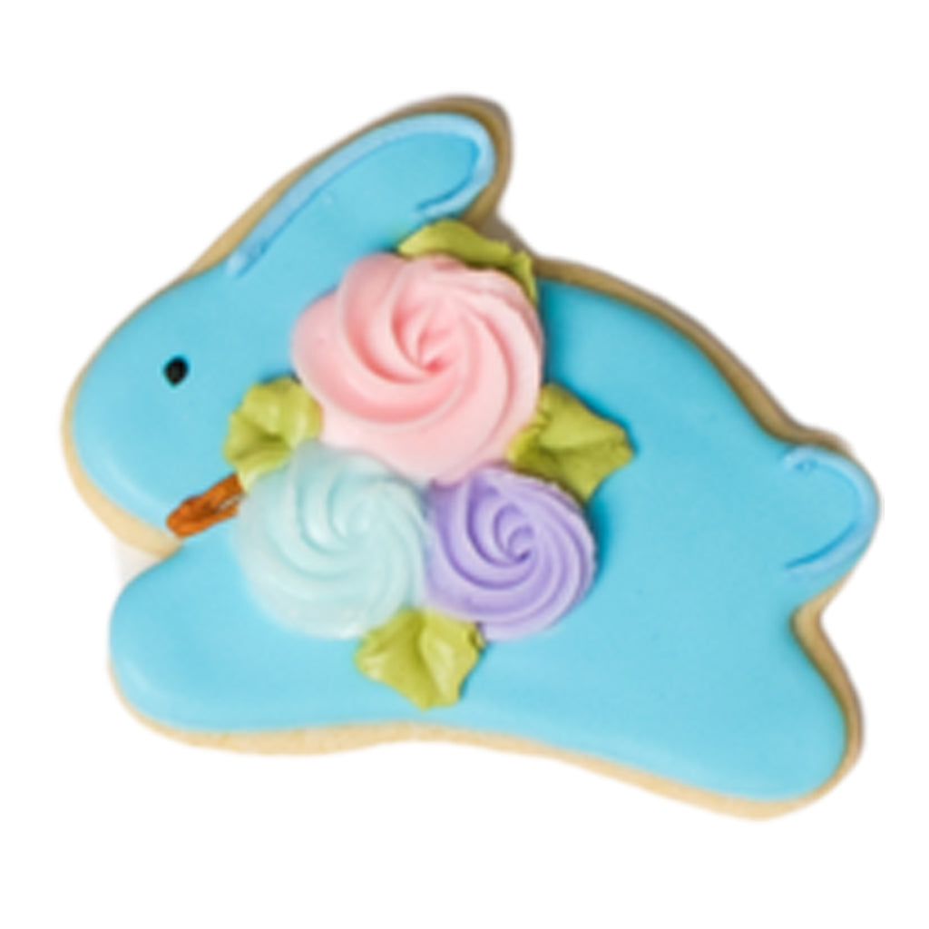 Blue bunny-shaped Easter butter cookie with floral icing.