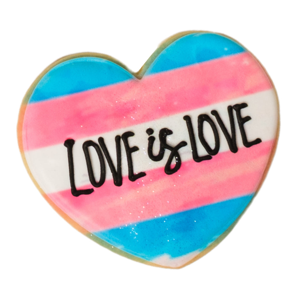 Trans Day of Visibility heart cookie with Love is Love text.