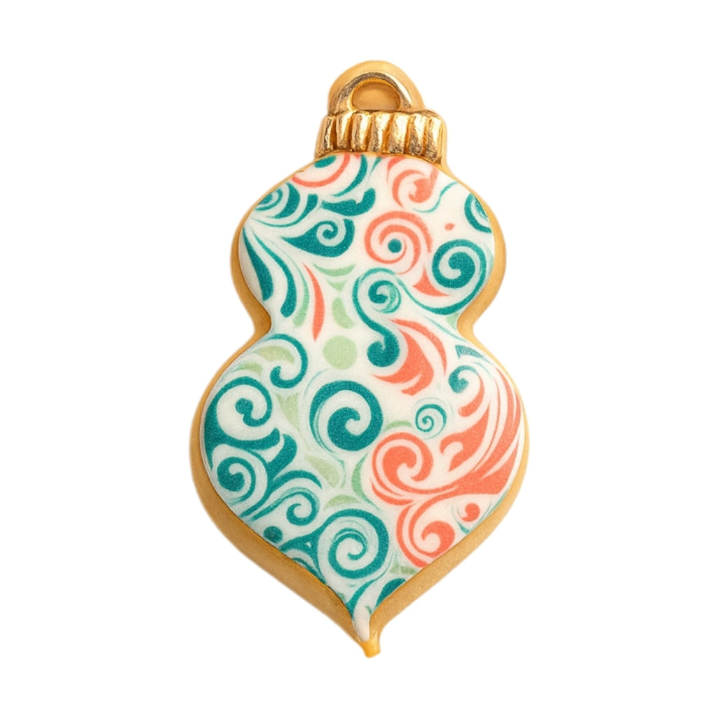 Ornament cookie with teal and coral swirl icing design