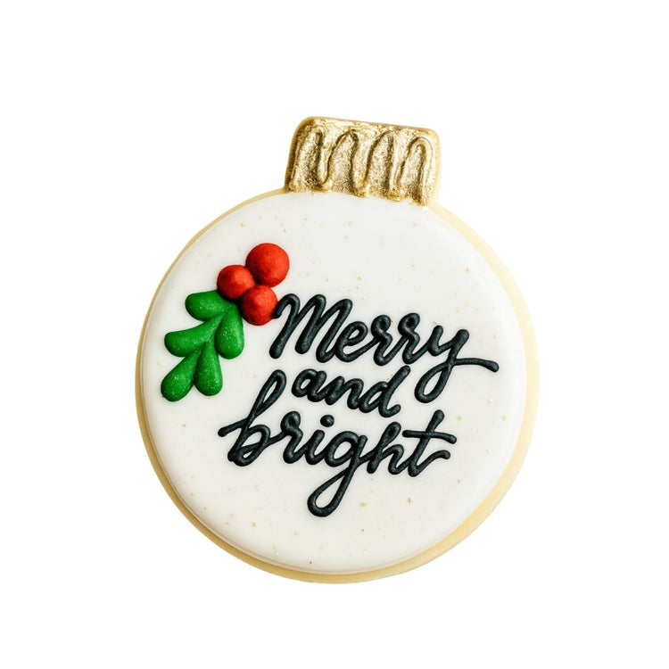 Merry and Bright ornament cookie with gold topper