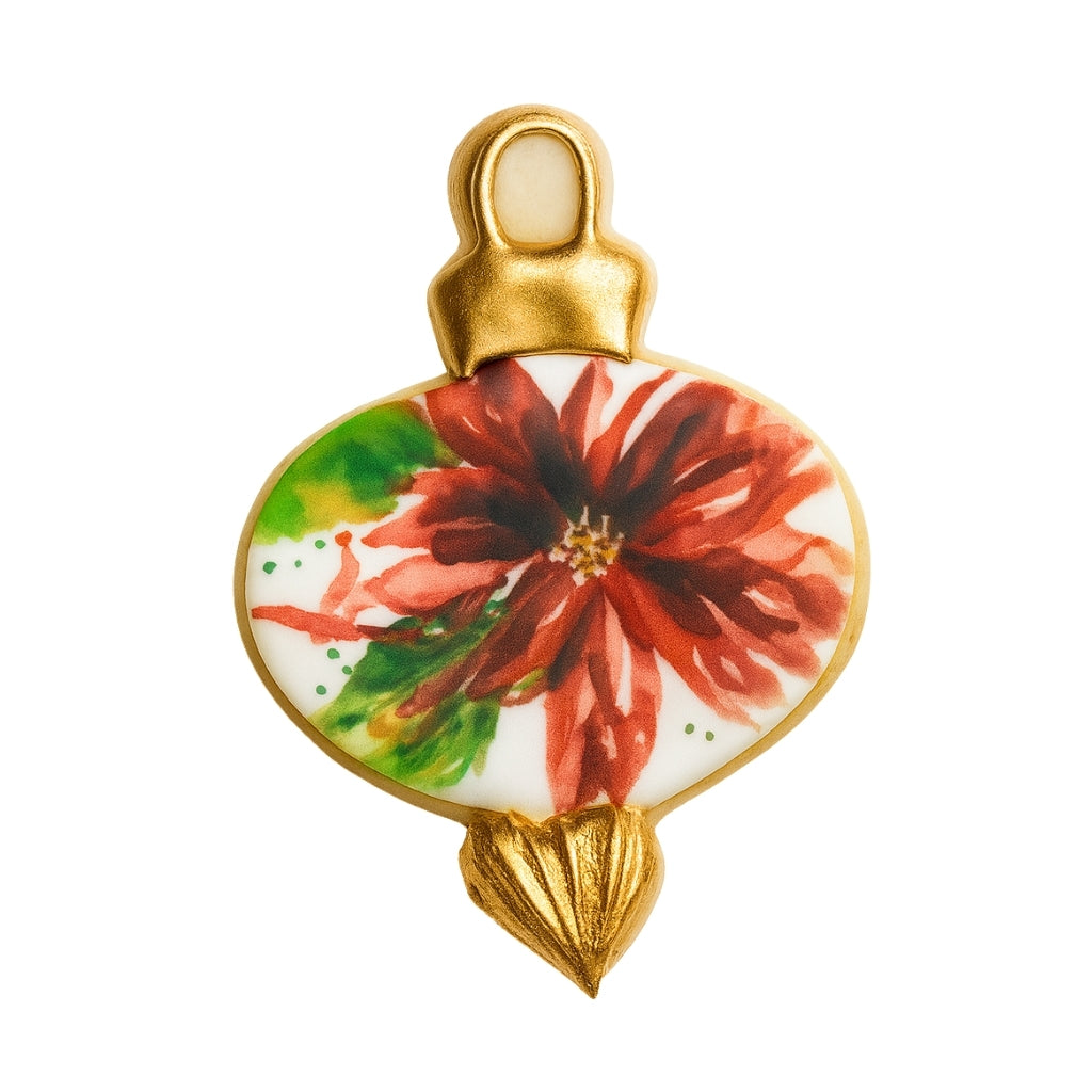 Ornament cookie with a painted red poinsettia and gold accents.